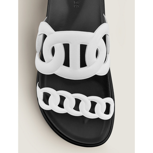 Hermes Extra Sandals White Black Chaine d'Ancre Leather Logo Slide Mule Flat 37 - Picture 6 of 12